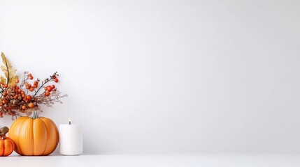 A large orange pumpkin sits center stage, accompanied by a smaller pumpkin and autumnal floral arrangement. A white candle rests nearby. The image is clean and bright, with a minimalist style. Warm