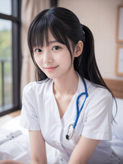 笑顔で患者に対応する看護師の若い女性