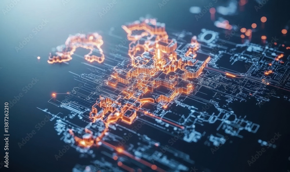 Poster global network, digital data flow, illuminated circuits, futuristic technology, abstract background,