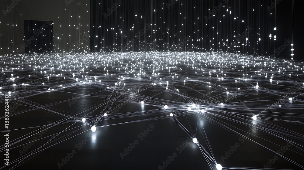 Poster a complex network of circuit traces, illuminated by soft white lights, representing the flow of elec