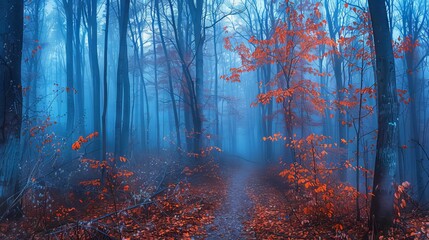 Obraz premium Enchanted autumn forest with orange and red leaves in dreamy blue fog