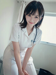 笑顔で患者に対応する看護師の若い女性