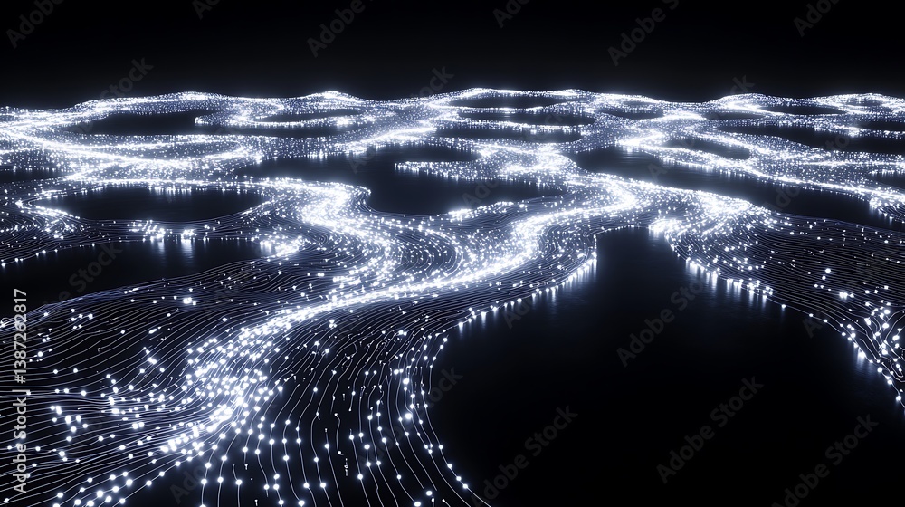 Poster a complex network of circuit traces, illuminated by soft white lights, representing the flow of elec