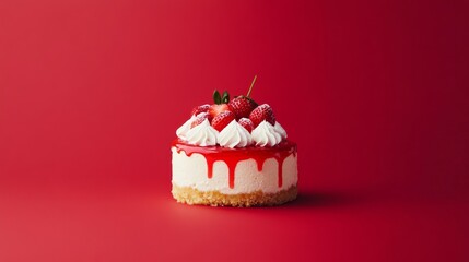 A decadent cheesecake with fresh strawberries and whipped cream. Featuring indulgence and sweetness
