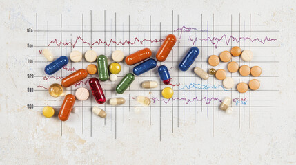 Colorful capsules and tablets scattered over medical chart, symbolizing health and medication. vibrant colors evoke sense of urgency and care