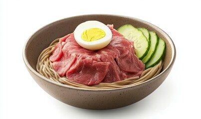 Fototapeta premium Sliced beef and egg on buckwheat noodles, cucumber garnish, isolated. Food photography for menus