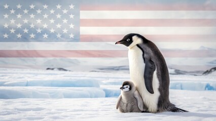 Obraz premium Penguins Tariffs USA 2025 Two penguins stand on ice with an American flag backdrop, symbolizing patriotism and wildlife.