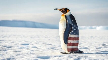 Penguins Tariffs USA 2025 A penguin with an American flag pattern stands on a snowy landscape.