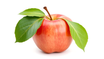 Fresh Juicy Apple with Leaf Isolated on Clean White Background

