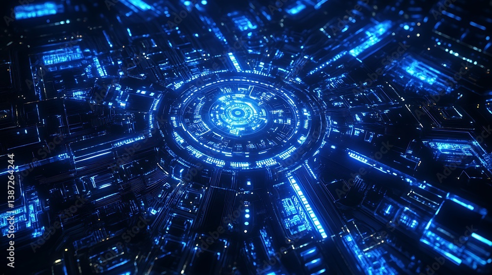 Poster a deep blue circuit board pattern with intricate linework and glowing connections, symbolizing a cut