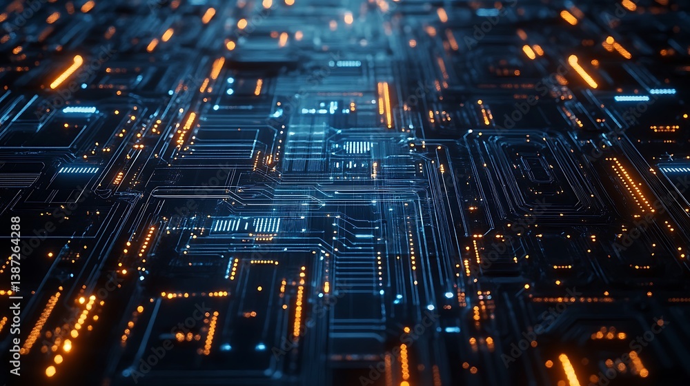 Poster a deep blue circuit board pattern with intricate linework and glowing connections, symbolizing a cut
