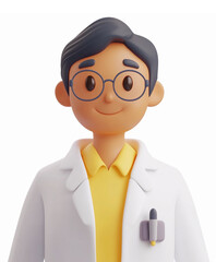 3D Cartoon Male Doctor Character Design with Glasses in White Lab Coat for Healthcare Projects