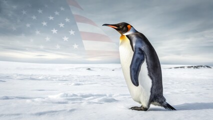 Fototapeta premium Penguins Tariffs USA 2025 A penguin stands on snow with a faded American flag in the background.