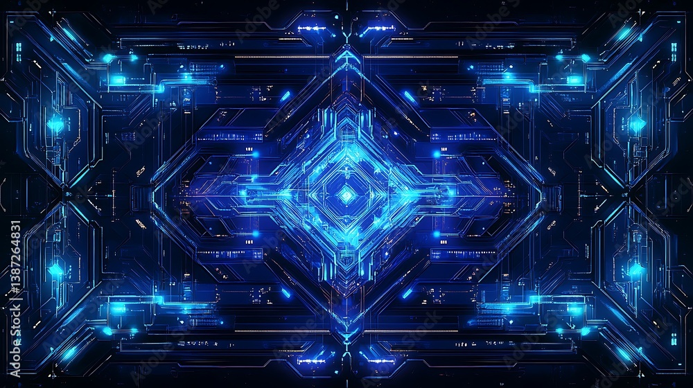 Poster a digital circuit board design with glowing lines and nodes, creating a high-tech, interconnected we