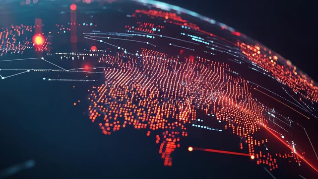 Digital world map with glowing data points and futuristic network animation. 4K video