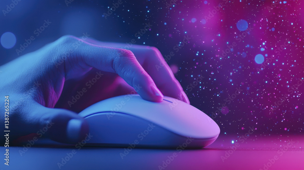 Poster hand is using computer mouse against vibrant, colorful background filled with stars and light effect