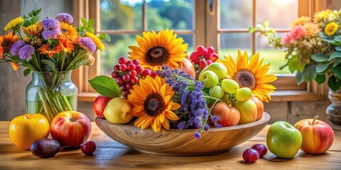 Abundant Harvest Still Life Featuring Sunflowers, Apples, and Grapes in a Rustic Wooden Bowl on a Wooden Table by a Window