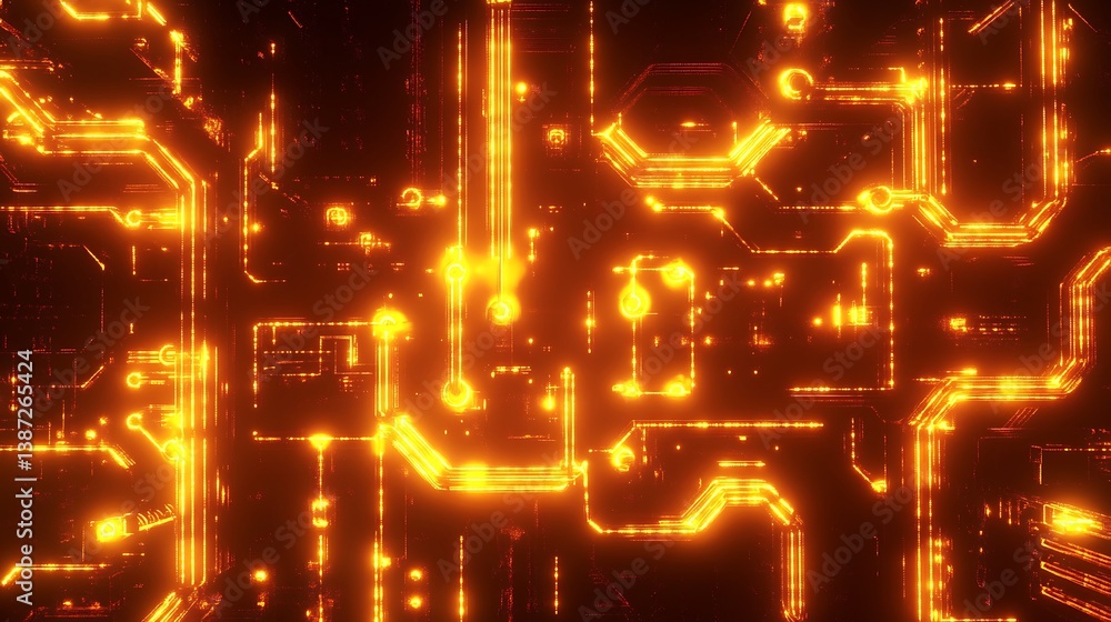 Poster a digital circuit layout with glowing yellow and orange pathways, resembling the inner workings of a