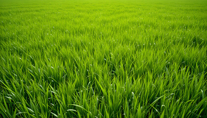 Obraz premium Green grass field background. Lush green lawn. Fresh lawn texture. Natural environment. Empty field, copy space. Summer or spring scene. Bright, sunny. Perfect for nature, eco, gardening ... See More 