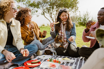 During a picnic in a sunny park, a multiethnic group of casually dressed young friends in their 20s...