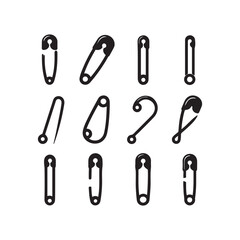 Safety pins, black and white illustration, hand-drawn style 