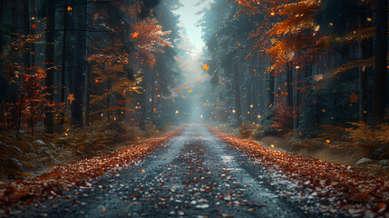 Foggy road, in the middle of the forest