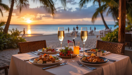 Romantic beach dinner for two with champagne glasses at sunset. Table set with gourmet food in restaurant, scenic sea view. Tropical vacation, date night on summer holiday. Celebrate ... See More
