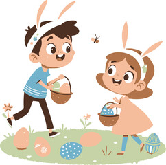 Cartoon boy and girl picking easter eggs