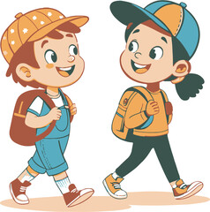 Kids walking and talking back to school. Vector clip art illustration with simple gradients.
