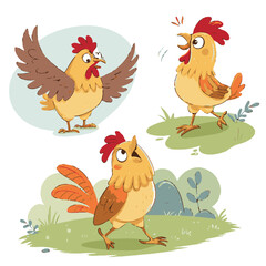 Yellow chicken walk and jump cycle, ready for animation. Vector clip art illustration with simple gradients. Each on a separate layer.