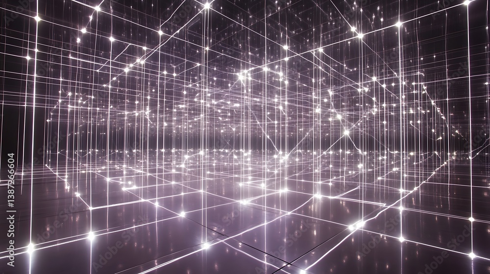 Poster a digital grid with illuminated circuit connections, emitting soft white light that creates a futuri