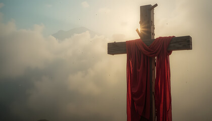 Wooden cross with red cloth in misty sunlight. Symbol of christian faith, hope, sacrifice, spiritual themes. Atmospheric religious image in serene morning nature. Sky and fog background. See Less
