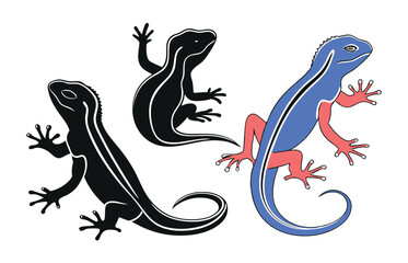 Black Lizard Silhouette Vector Set: Stylized Reptile Clipart in Vintage Tattoo and Wildlife Design Style. Adobe Art and Illustrator.