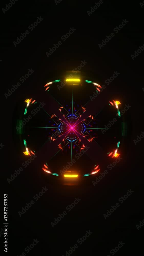 Poster vertical video of glowing 3d tunnels with strobing polygon outlines