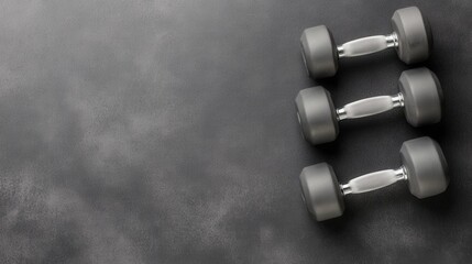 Obraz premium Fitness Equipment on Dark Surface with Three Gray Dumbbells Ready for Workout Exercise and Strength Training Routine