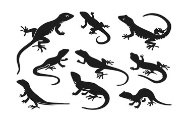 Lizard Silhouette Vector Set: Crawling and Climbing Reptile Icons in Black on White Background. Adobe Illustrator Artwork
