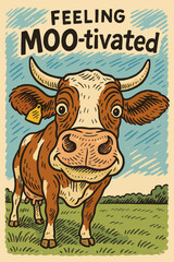 Funny Cow Cartoon Illustration Standing in a Field with Motivation