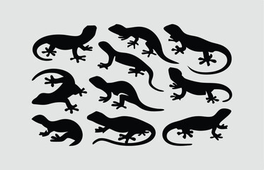 Lizard Silhouette Vector Set: Crawling and Climbing Reptile Icons in Black on White Background. Adobe Illustrator Artwork