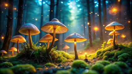 Fototapeta premium Firefly magic illuminates a fairytale forest, glowing mushrooms casting an enchanting spell.