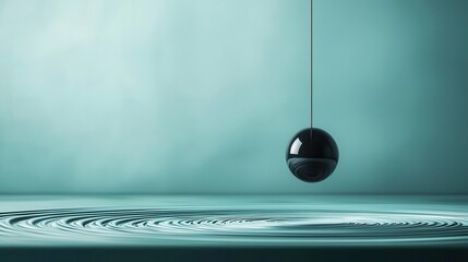 Mysterious Pendulum: A sleek, black sphere hangs suspended against a softly textured teal background, creating a sense of intrigue and balance in a minimalist composition.