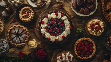 A decadent dessert spread including cakes, pies, and pastries. Featuring indulgence and sweetness
