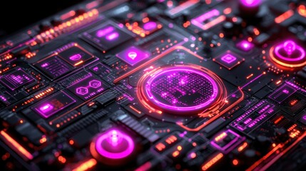 Obraz premium Futuristic Circuit Board: Neon Glow & Digital Interfaces