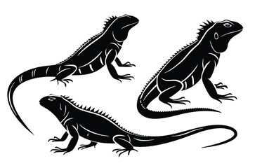 Black Lizard Silhouette Vector Set: Stylized Reptile Clipart in Vintage Tattoo and Wildlife Design Style. Adobe Art and Illustrator.