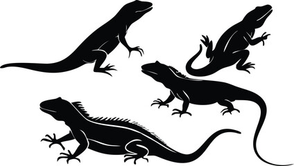 Black Lizard Silhouette Vector Set: Stylized Reptile Clipart in Vintage Tattoo and Wildlife Design Style. Adobe Art and Illustrator.