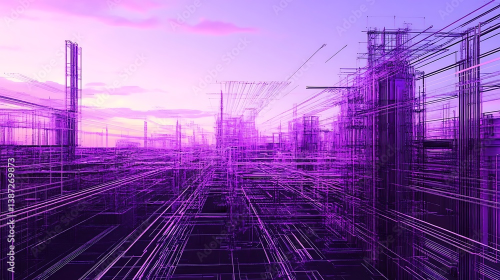 Poster a high-tech network grid with dynamic circuit paths in electric purple, representing data flow acros