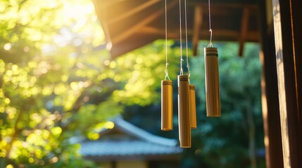 A bamboo wind chime hanging on a porch.