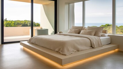 Fototapeta premium Serene bedroom with nature views. The platform bed with neutral tones and ambient lighting creates a calming, luxurious retreat.