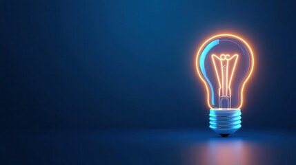 Bright Neon Light Bulb Glowing with Blue and Orange Colors Against Dark Background for Creative Concepts and Ideas