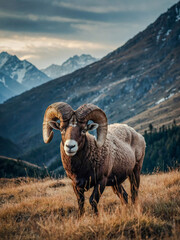 Ram with large horns standing in the mountains.