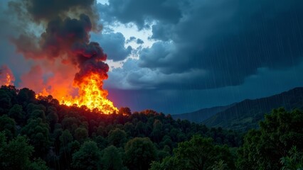 Evening view from above in summer on a fire in a mountain forest during the day on the left. Heavy rain begins with dark clouds pouring water on the forest fire